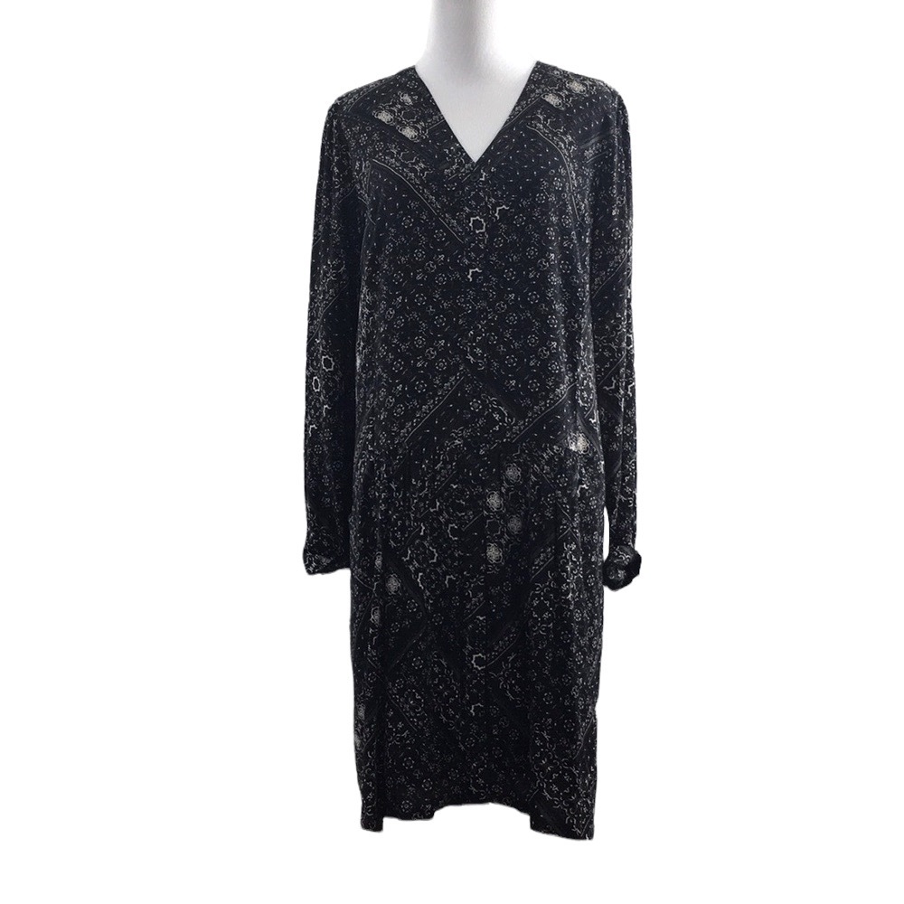 Garnet Hill Black White Batik Buttonā Front Midi Dress Womens 6 Roll Tab V Neck